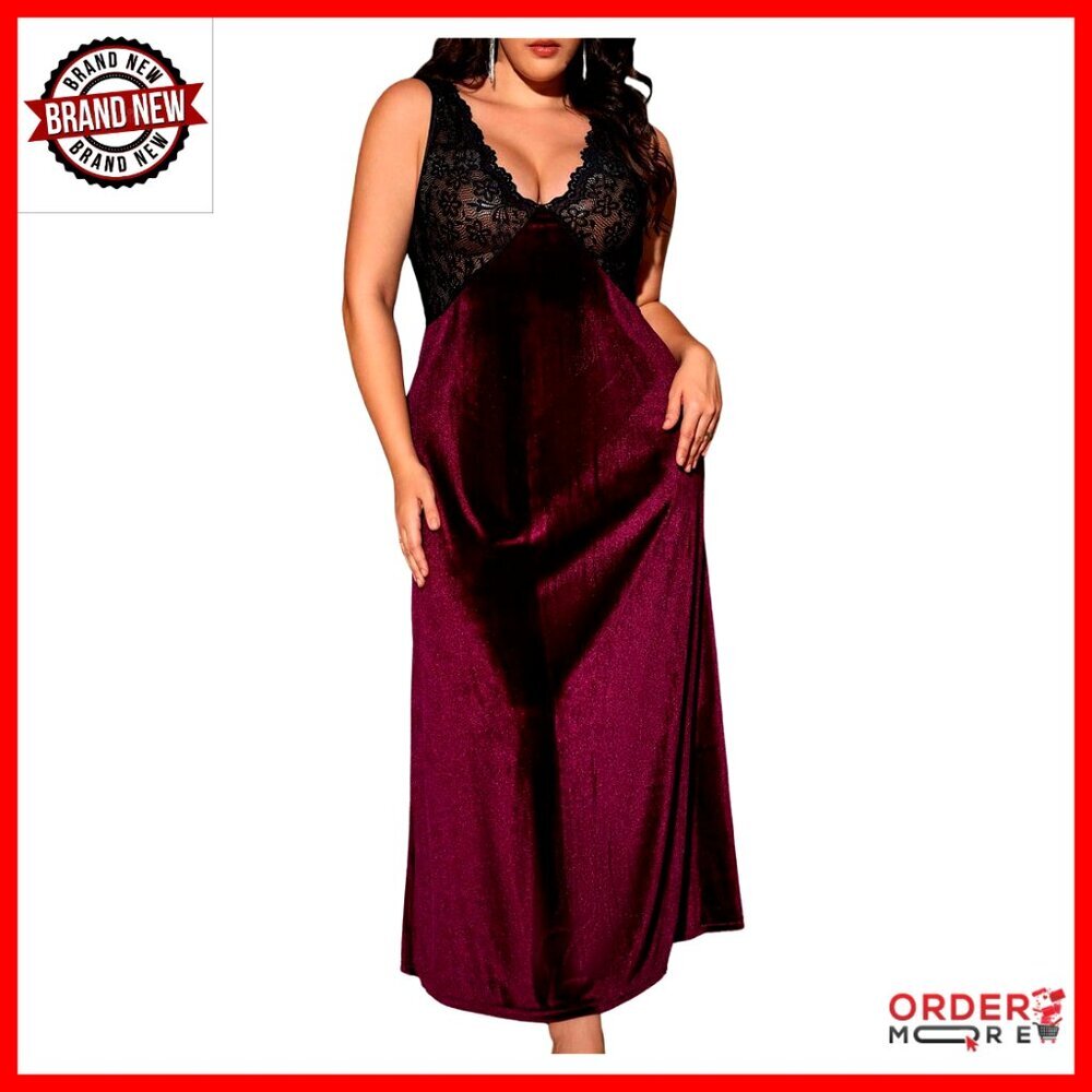 Plus Size Satin Nightgown V Neck Backless Lace Long Lingerie